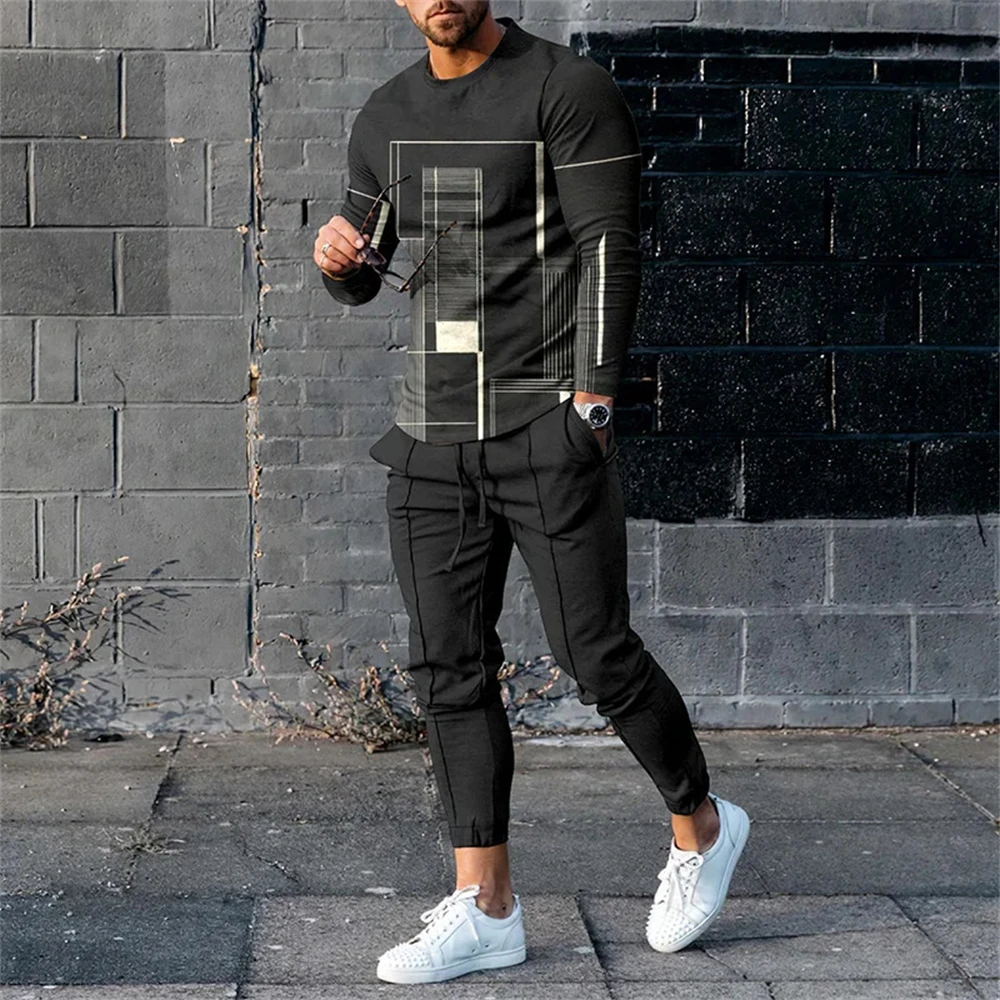 Men\'s T Shirt Pants Tracksuits 2 Piece Sets Print Sweatshirt Sweatpants Suits Casual T-shirts Trousers Sportswear Men Clothing