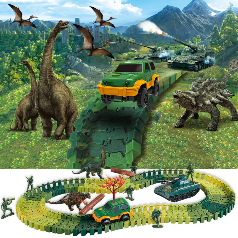 Dinosaur Railway Car Kids Track Racing Track Toys Set Bend Flexible Race Track Flash Light Car Educational Toys for Kids Gifs