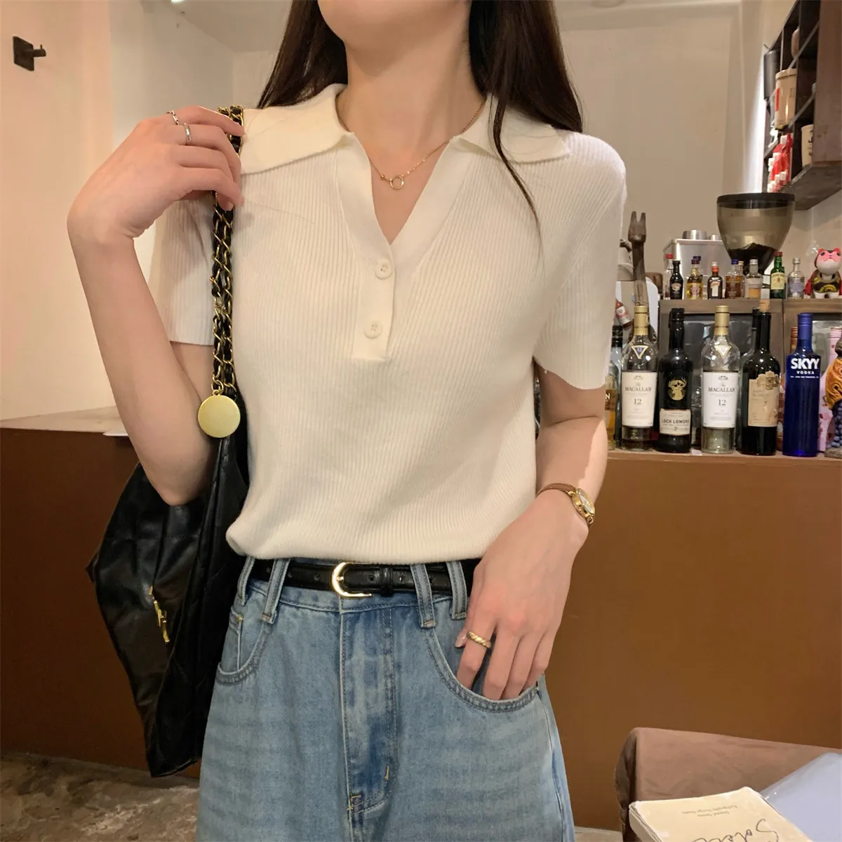 Bild 6: Neuer Sommer Kurzarm Strickpullover Damen Pullover mit Umlegekragen Strickpullover Damen Oberteile Sueter Feminino Q3950