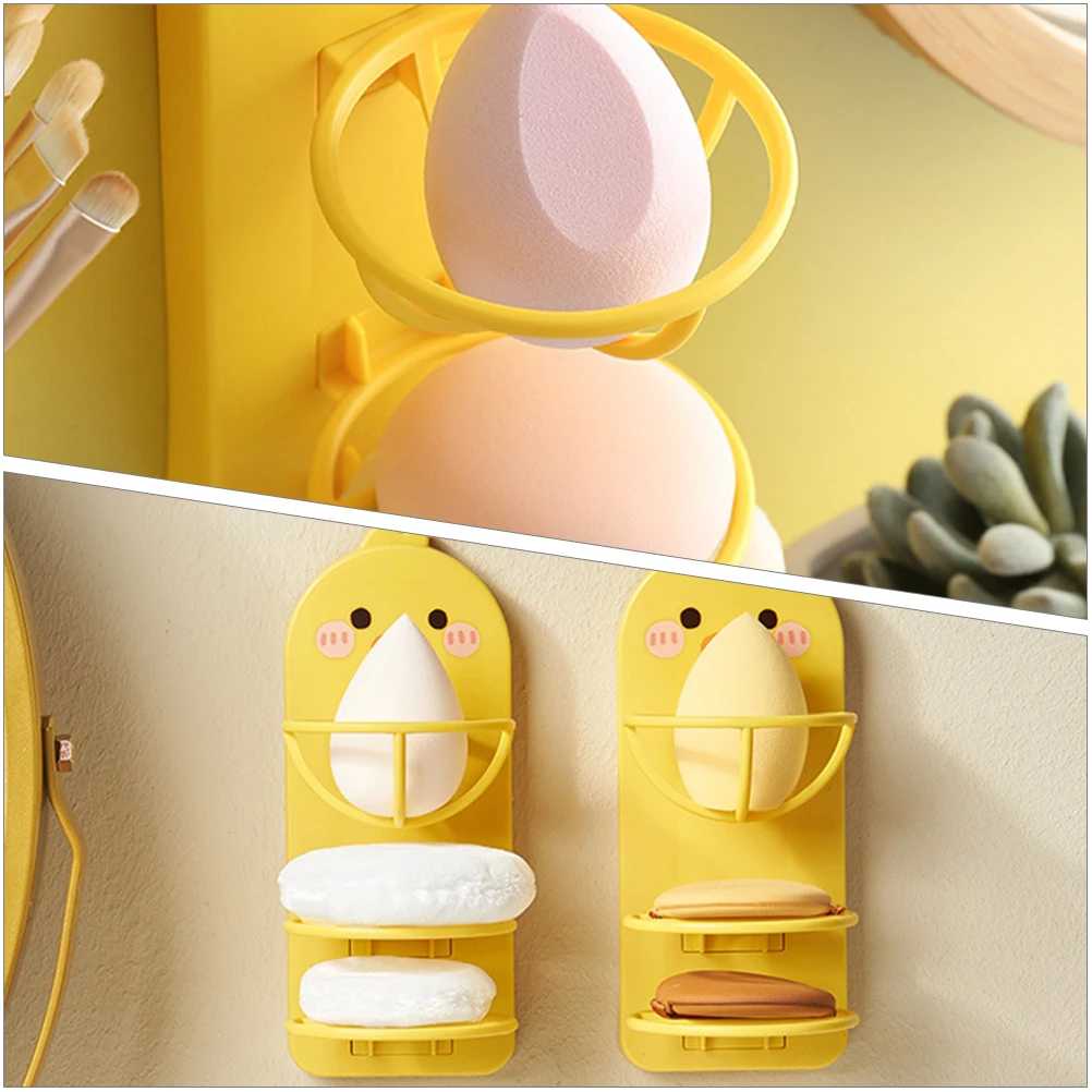 

2pcs Makeup Sponge Holder Wall Mount Beauty Egg Drying Rack Cartoon Powder Puff Organizer Yellow Storage Shelf