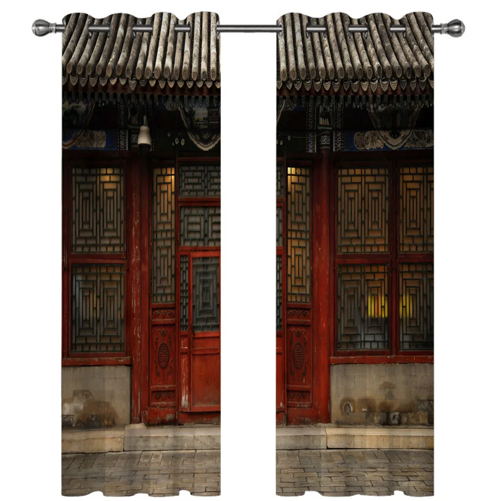 

HUANZHUANG Luxury Curtains For Living Room On Sale Retro Chinese Ancient Buildings 2 Pieces Fashion Window Curtain