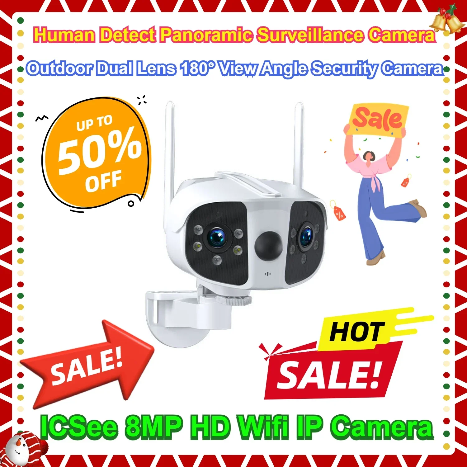 

Human Detect Panoramic Surveillance Camera ICSee 8MP HD Wifi IP Camera Outdoor Dual Lens 180° View Angle Security Camera