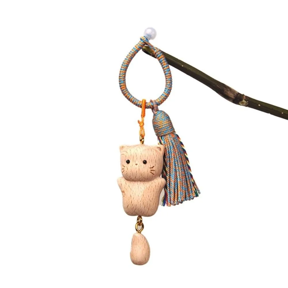 Retro Handcrafted Wooden Cat Keychain Hand Carved Tassel Detail Money Catching Cat Pendant Smooth Bag Pendant Charm Car Keys