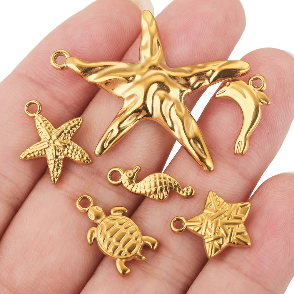 5pcs Stainless Steel Gold Plated PVD Charm Waterproof Starfish Dolphin Shell DIY Necklace Earrings Jewelry Accessories Wholesale