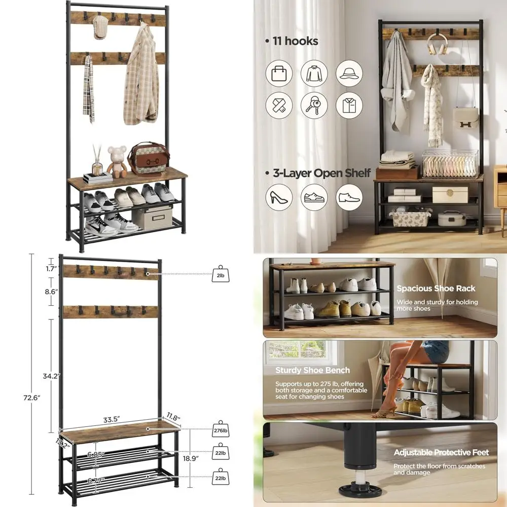 

Industrial Style 3-in-1 Entryway Storage Bench with Coat Rack, Shoe Bench, and 11 Hooks, 33.5x13.5x73 Inches, Rustic Brown