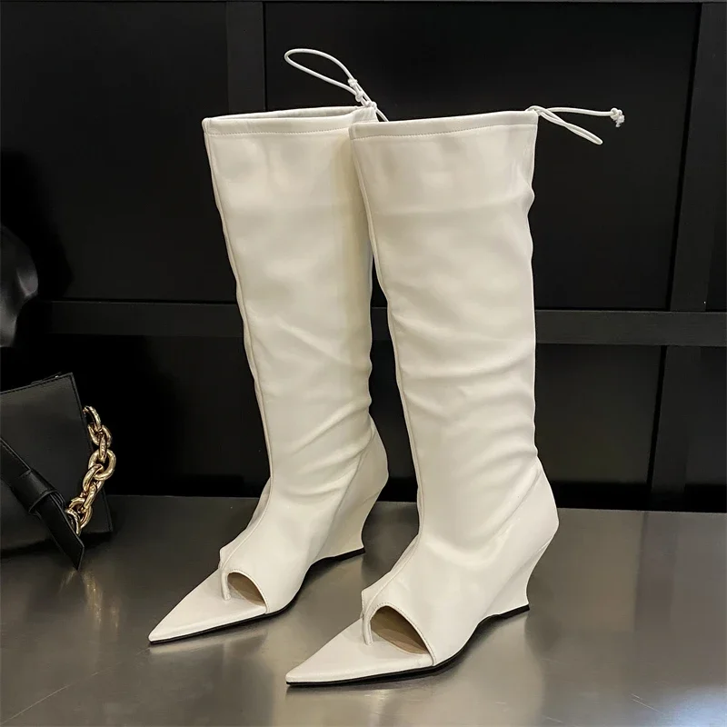 Eilyken Street Style Pointed Open Toe Clip-On Women Knee High Boots Pleated Wedges Heels Party Booties Largas De Mujer