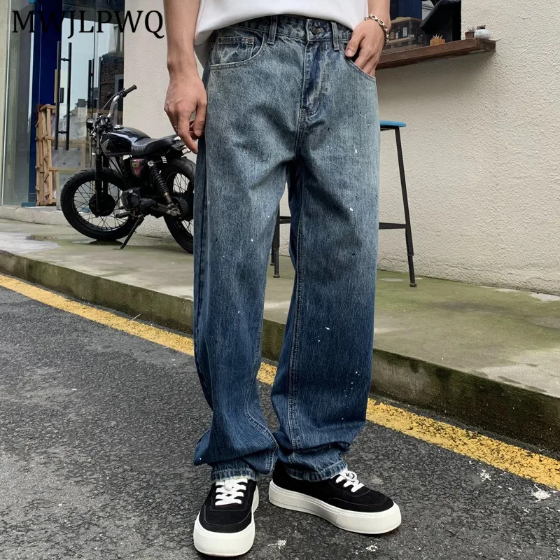 

MWJLPWQ American High Street Ink Splash Jeans For Men Gradient Design Unique Casual Straight Pants Autumn Thin Pants Tide 11422
