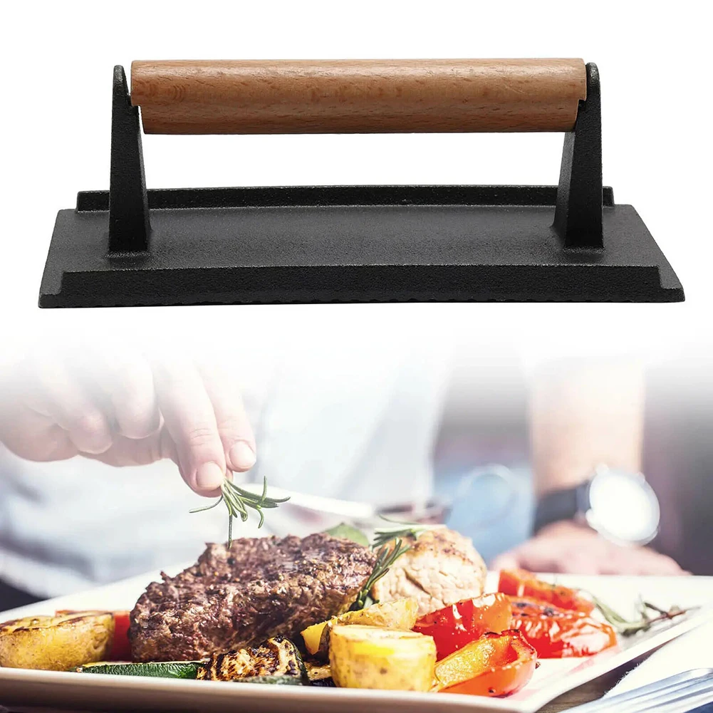 Burger Press Cast Iron Heavy-Duty Grills Bacon Meat Press Tool With Wood Handle Quick & Even Searing For Steaks & Chops Paninis