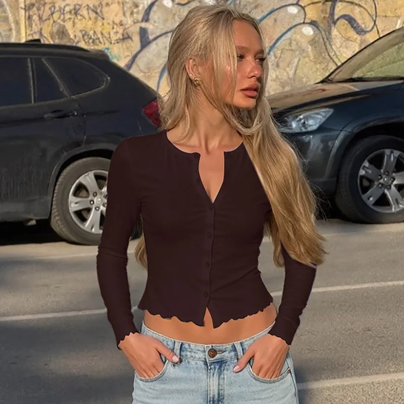 Combhasaki Camicetta a maniche lunghe da donna abbottonata girocollo casual tinta unita cardigan Cleanfit camicie corte con orlo arricciato sottile