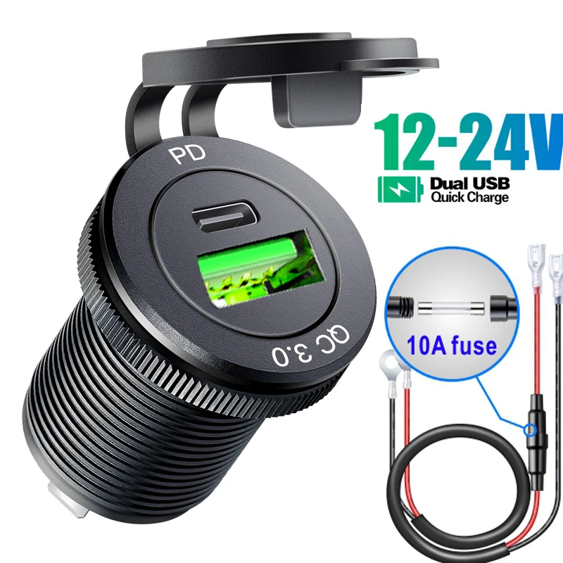 12/24V Aluminium Metal USB Outlet USB C Car Charger Socket USB Outlet 24V Cigarette Lighter fast charging for Car Boat Marine RV