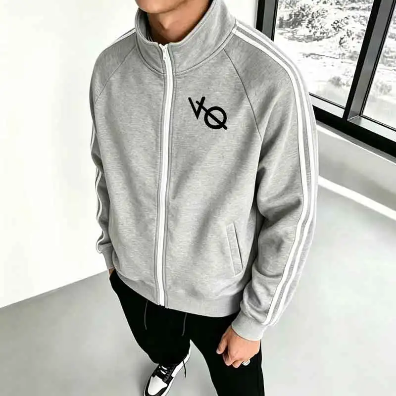 Mens Full Zipper Track Jacket Stand Collar Side Stripe Geometric Letter Graphic Print Sweatshirt Streetwear Outer Coat