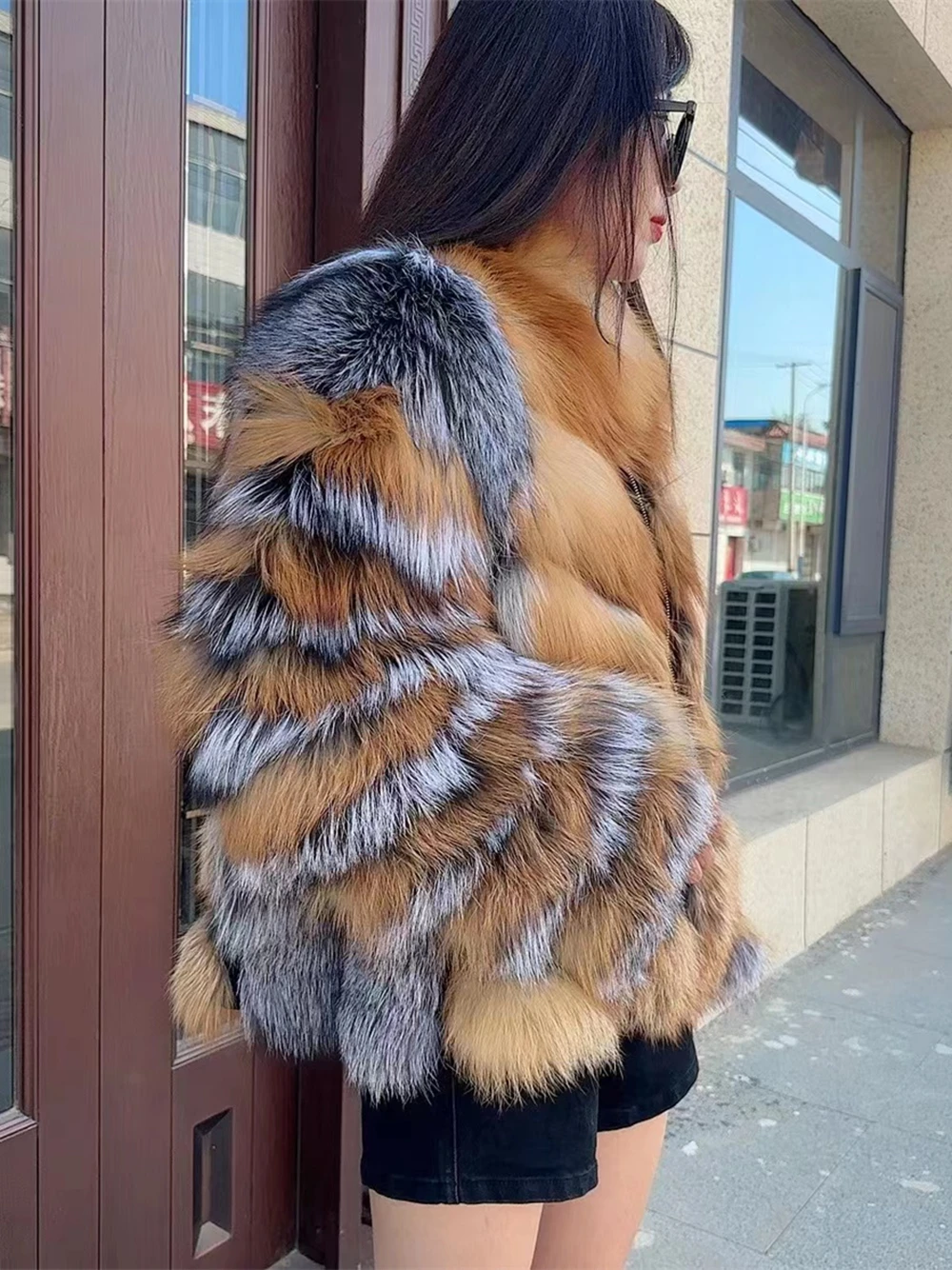 Short Red Fox Fur Jacket With Collar Women Luxury Plus Size Female Silver Fox Fur Coat Winter