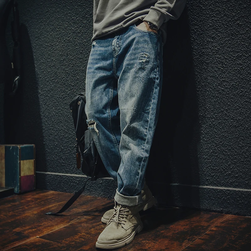 Trendy Men's Loose Fit Denim Jeans Autumn Season Distressed Harlan Pants Casual Cotton 100% Stone Washed Vintage Style
