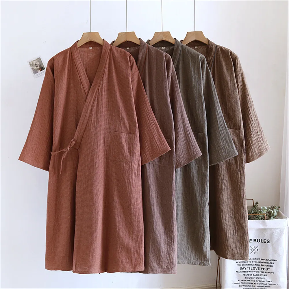 

Хлопковый халат-кимоно, мужская ночная рубашка большого размера для весенне-осенних гостиничных халатов