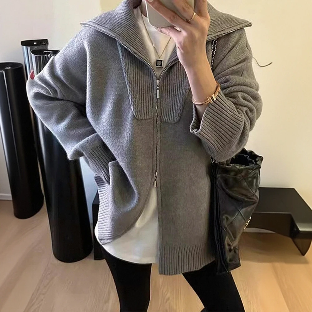 

Women's 2025 Casual Winter Cardigans Long Sleeve Lapel Open Stitch Zipper Daily Regular Fit Cardigans