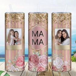 1pc Customed Mom Photo 20oz Skinny Tumbler Stainless Steel Insulated Water Cup With Plastic Lid&Straw Mother's Day Gift