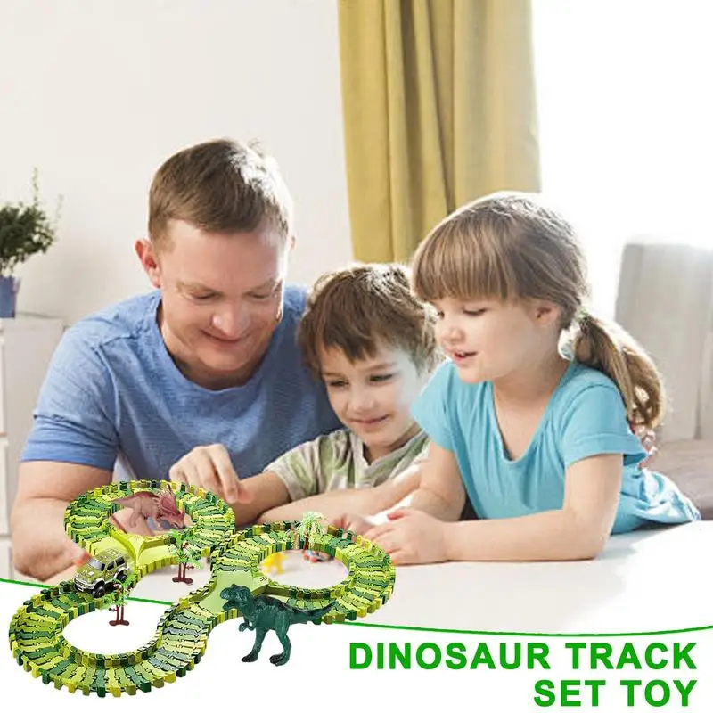 Dinosaur Track Race Track Set Rail Car Toys Assembly Bend Flex Racing 1 Cool Race Car & 2 Dinosaur STEM Building Toys For Kids