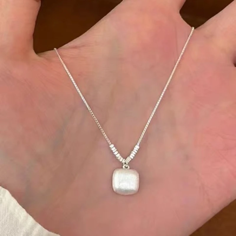 Square Brushed Sugar Necklace S999 Pure Silver Niche Design High-end Feel Light Luxury Broken Silver Pendant Collarbone Chain