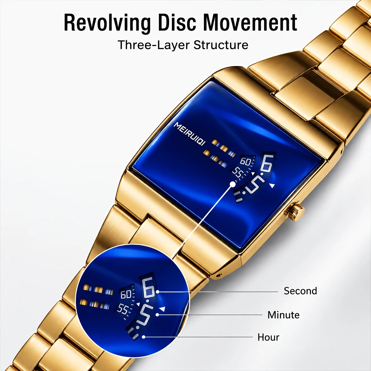 Revolving Disc Quartz Watch for Men, Blue Dial, Gold-Tone Rectangular Case and Matching Alloy Bracelet