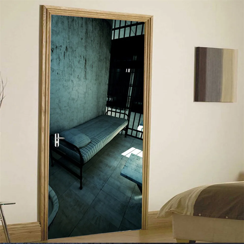 Dark Corridor Tunnel Door Sticker 3D Wallpapers Castle Iron Prison Staircase Wall Stickers Vinyl Door Cover Poster Custom Mural