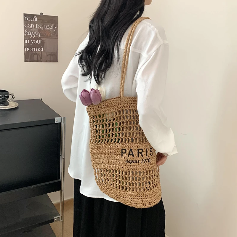 Woven Tote Bag Large Capacity Handbag Hollow Out Straw Shoulder Bag Women\'s Shopper Picnic Shopping Bag 2024 Fashion Luxury