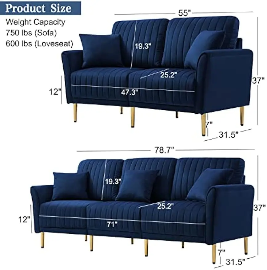 3 Piece Living Room Furniture Set, Including 2 Loveseat and 3-Seater Sofa Couch with Channel Tufted Velvet Fabric