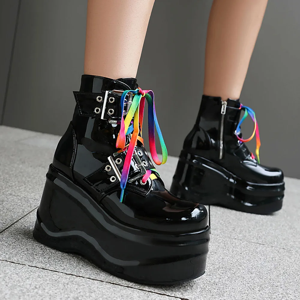 New Fashion Y2K Round Toe Chunky Bottom Women's Short Boots Big Size 45 Rainbow Lace-up Rivet Buckle  Autumn/Winter Shoes Woman