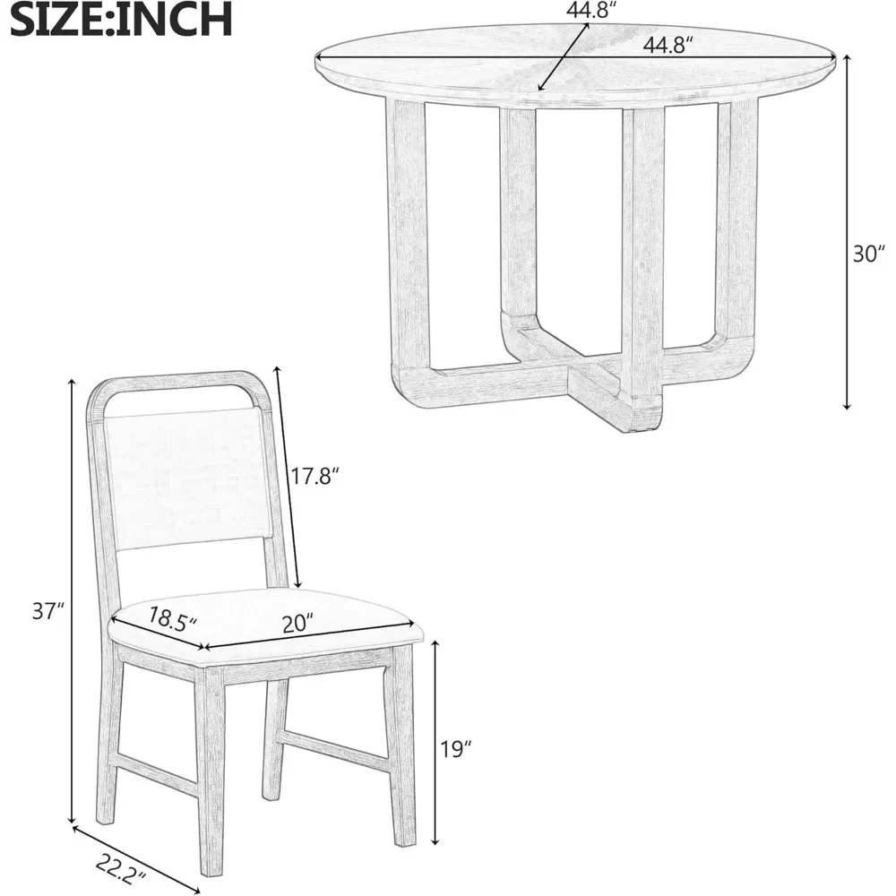 5-Piece Dining Table Set for 4, Round Dinings Table and 4 Upholstered Chairs Set, Radial Wood Grain Design, Dining Room Set