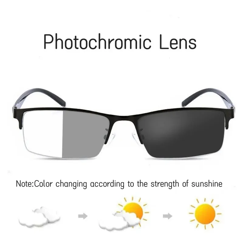 Men\'s Half Frame Photochromic Glasses Women Trendy Business Square Color Changing Myopia Eyeglasses Unisex Fashion Sunglasses
