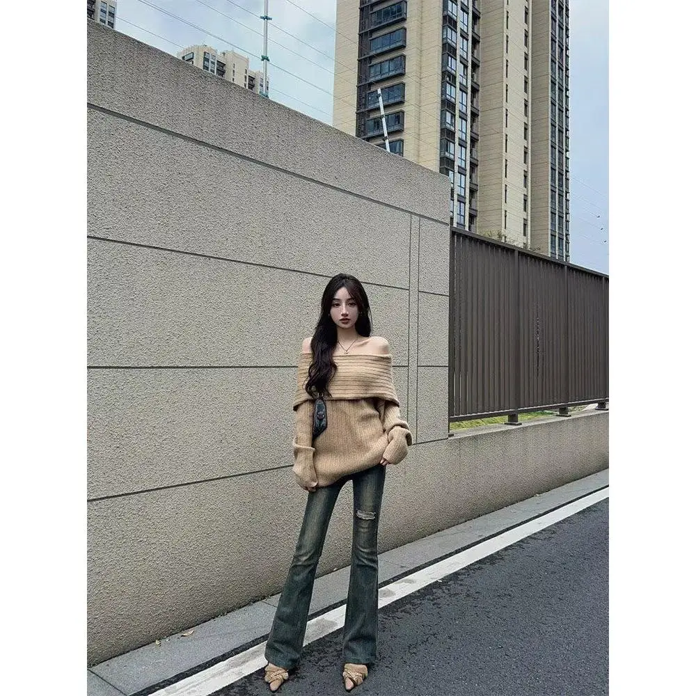 

American High Street Vintage Wa adual Cleanfit Jeans Men Loose Micro Flare Design Sense Vibe Pants Cotton Polyester Blend