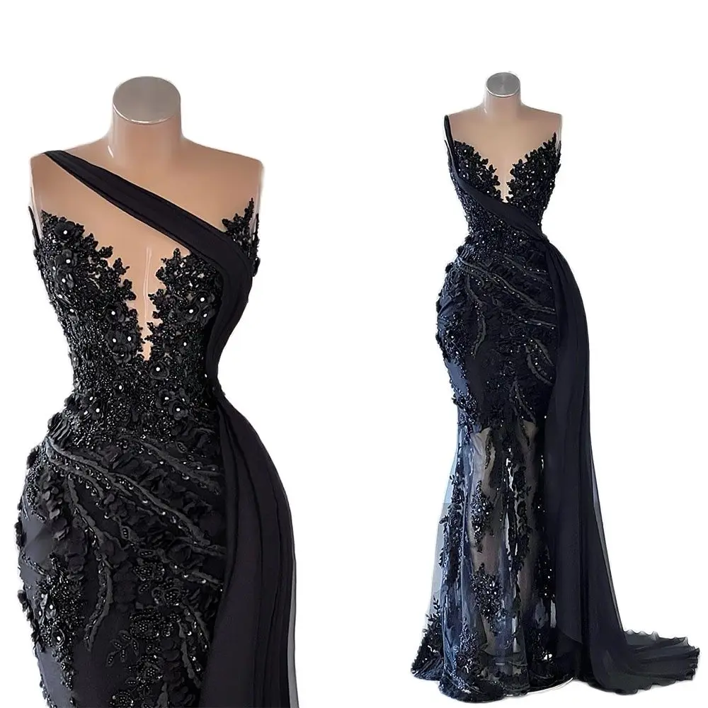 Modern Mermaid Prom Dresses Sexy V Neck Beads Appliques Lace Custom Made Detachable Train Formal Party Gowns Black