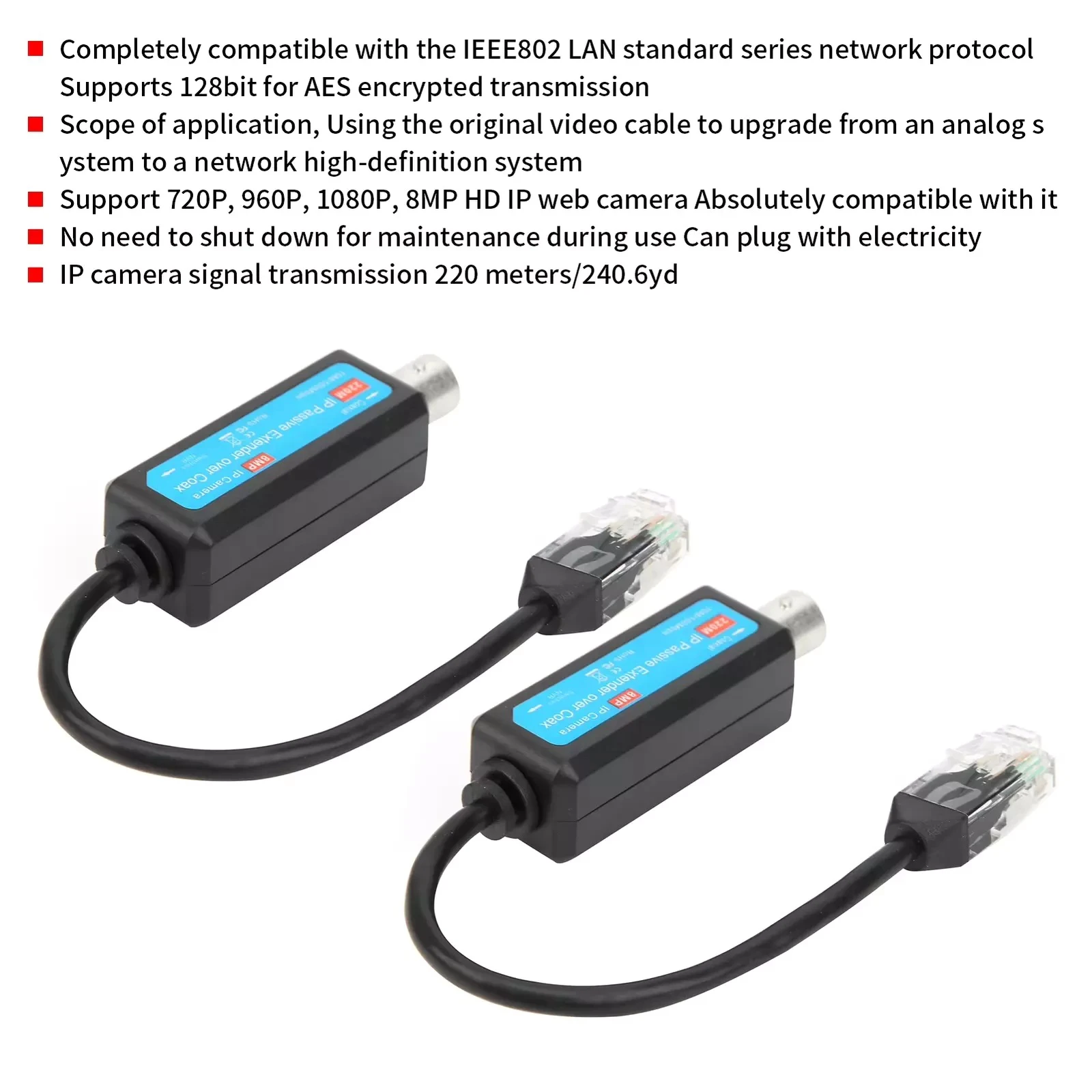 Passive Coaxial IP Extender 1 Pair RJ45 BNC 220M Transmission 1080P 8MP AES Encrypted for CCTV IP Camera IEEE802.3