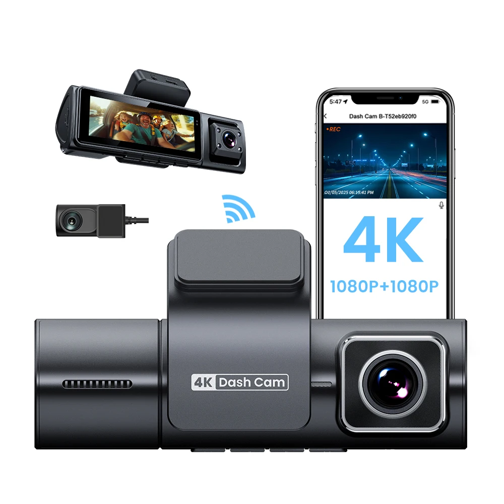 4K  3 Channel Dash Cam For Cars Built in GPS WIFI APP Car Camera 3.2Inch IPS Screen IR Night Vision Loop Recording Dashcam
