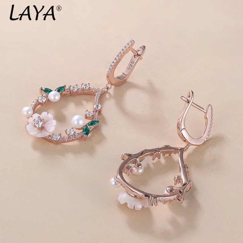 

LAYA NEW Earrings White Beads For Women Pink Shell Flower White Zircon 925 Sterling Silver Fashion Fine Romantic Trendy Jewelry