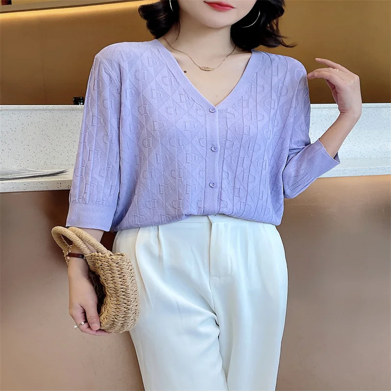 Camisa de punto fina de seda helada para mujer, pantalón corto pequeño, par con falda, cárdigan y chal, novedad de verano 2023