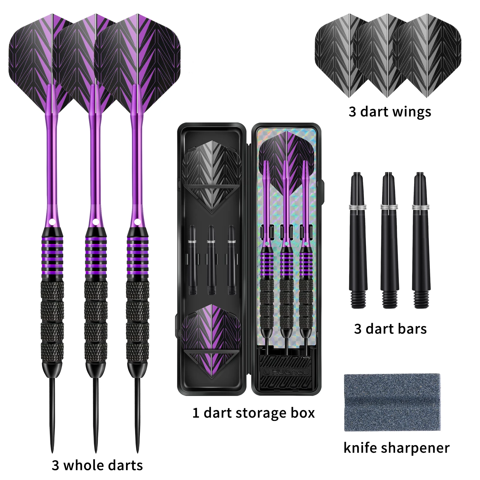 Huanqu 3-Piece Professional Hard Dart Set, Black and Purple Contrasting Iron Darts, Non-Slip and Wear-Resistant Dart Barrel, Includes Spare Dart Shafts and Flights, Suitable for Home Entertainment, Bar Competitions, Leisure Training, Adult Dart Enthusiasts, Christmas and Birthday Gifts