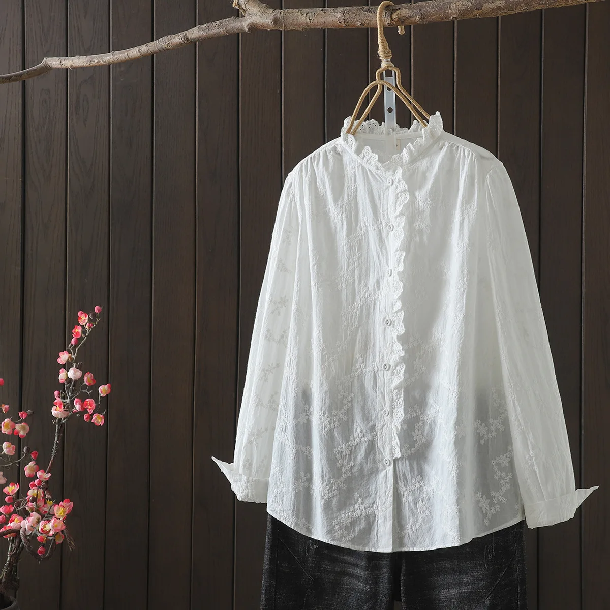 Mori girl style vintage stand collar cotton white beige embroider ruffled shirts Long sleeve blouses autumn women\'s clothes