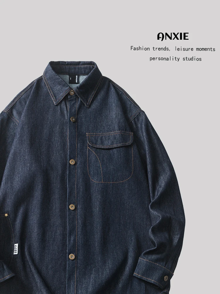 

ANXIE Denim Shirt High Street Color Block Men Women Long Sleeve Collar Casual Fashionable Autumn Collection