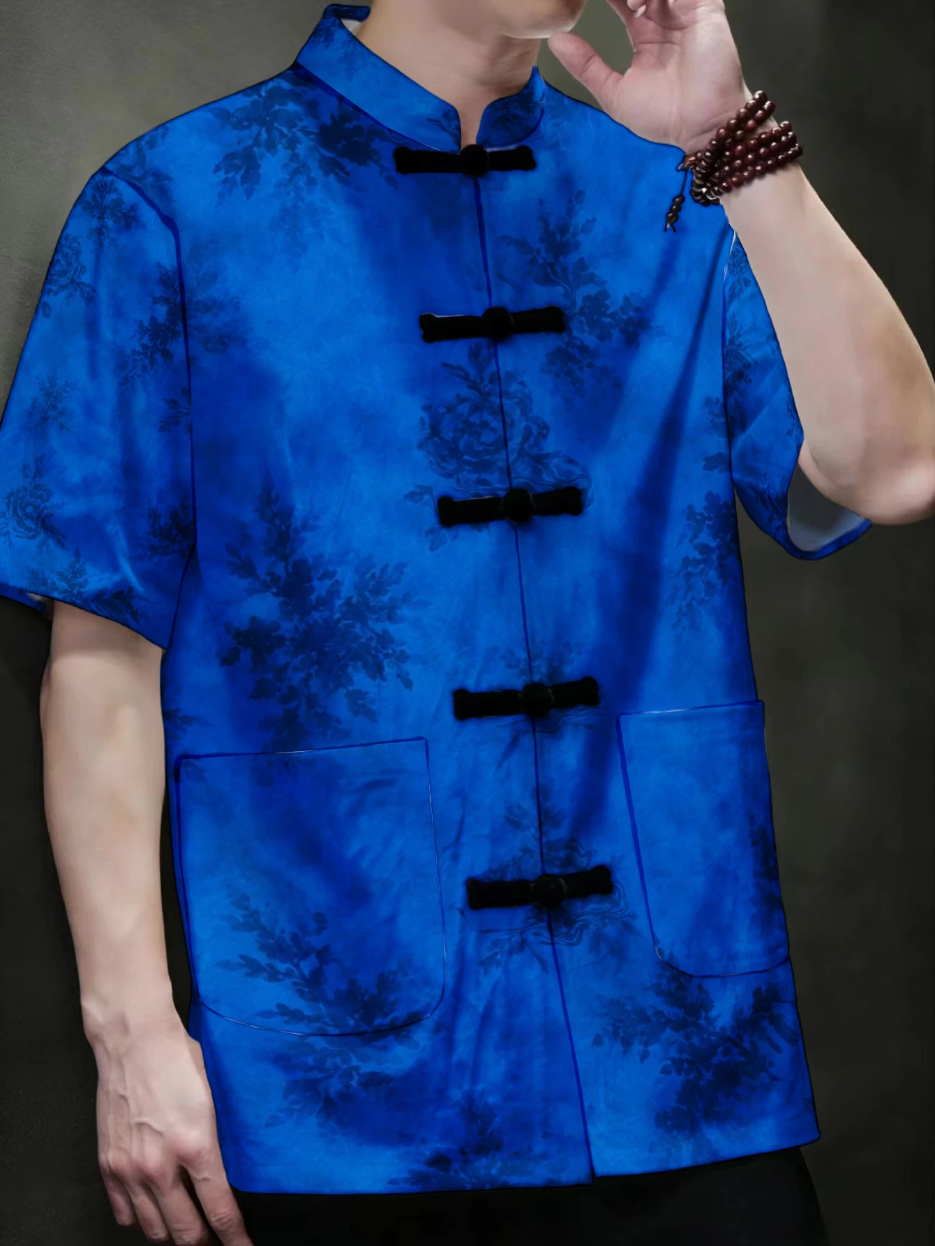 Men Chinese Tang Suit Short Sleeve Shirt Traditional Frog Button Stand Collar Ethnic Floral Gradient Print Loose Casual Vintage