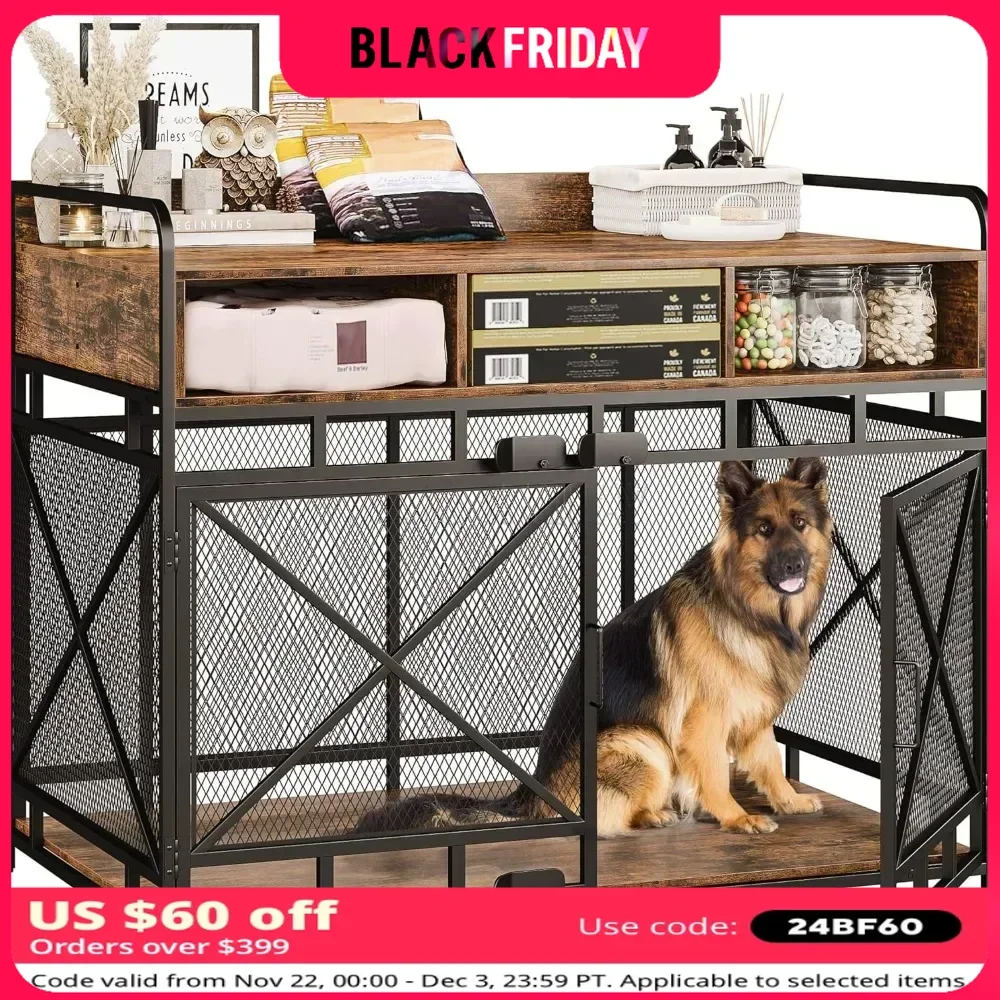 Dog Crate Furniture, Wooden Dogs Crates End Table,43 Inch Dogs Kennel with Drawers, Dog Crate