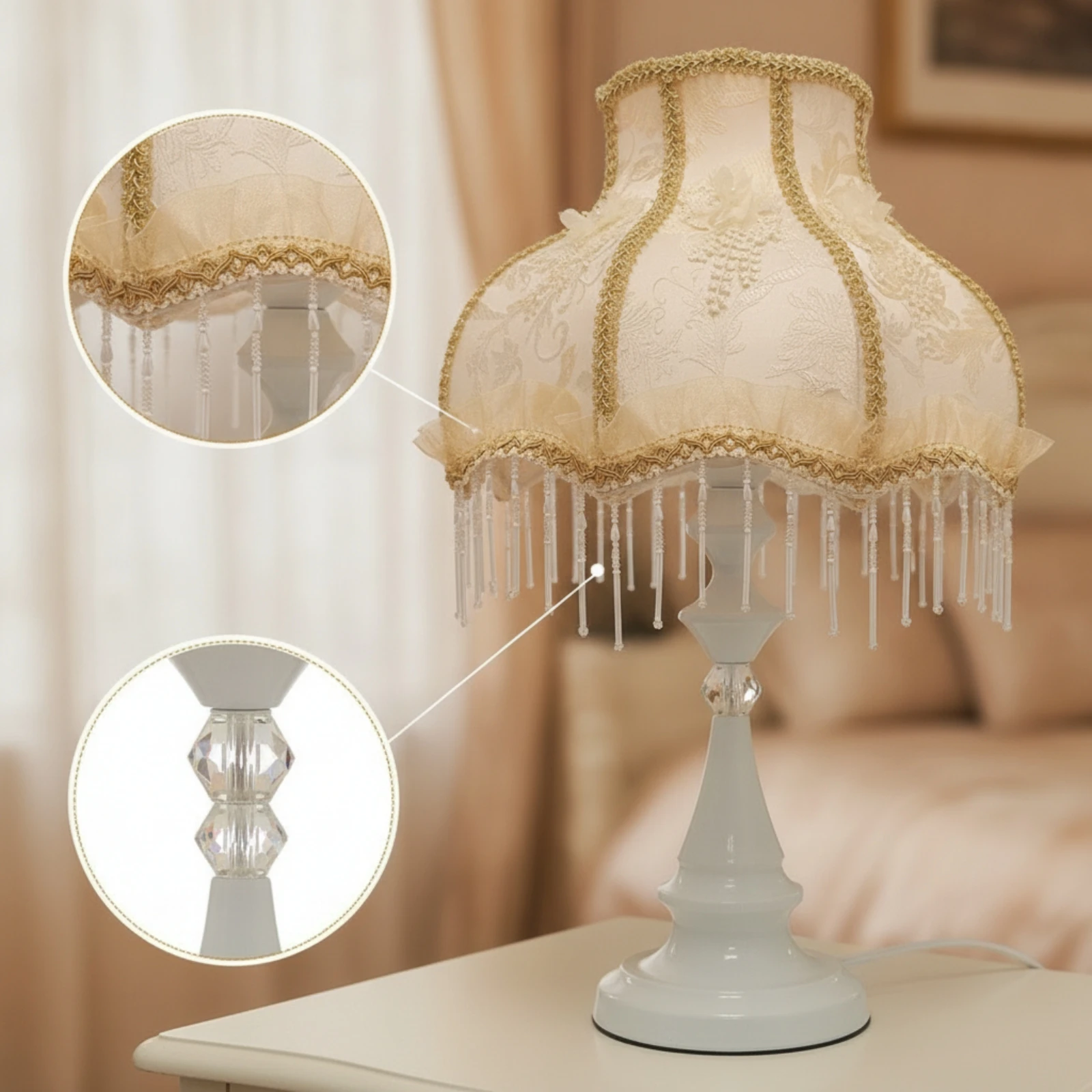 Fringe Table Lamp Ornate Table Lamp with Textile Shade Corded Elegant for Girls, Bedroom, Reading Corner view 5