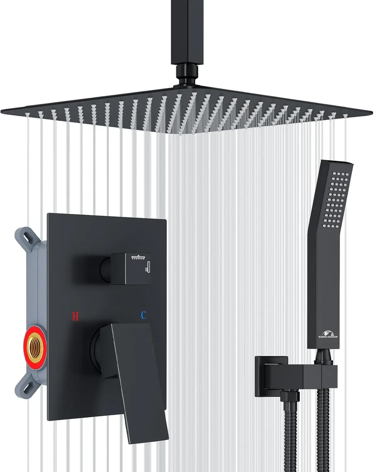 

12" Square Ceiling Mounted Rainfall Shower System with Handheld, High Pressure, Matte Black