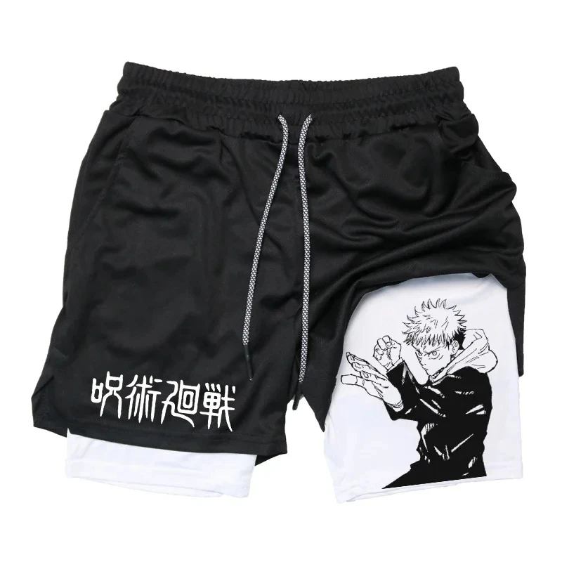 Shorts de compressão masculinos Itadori Yuji, Jujutsu Kaisen, calções de ginástica para esportes de basquete com bolsos, anime 2 em 1