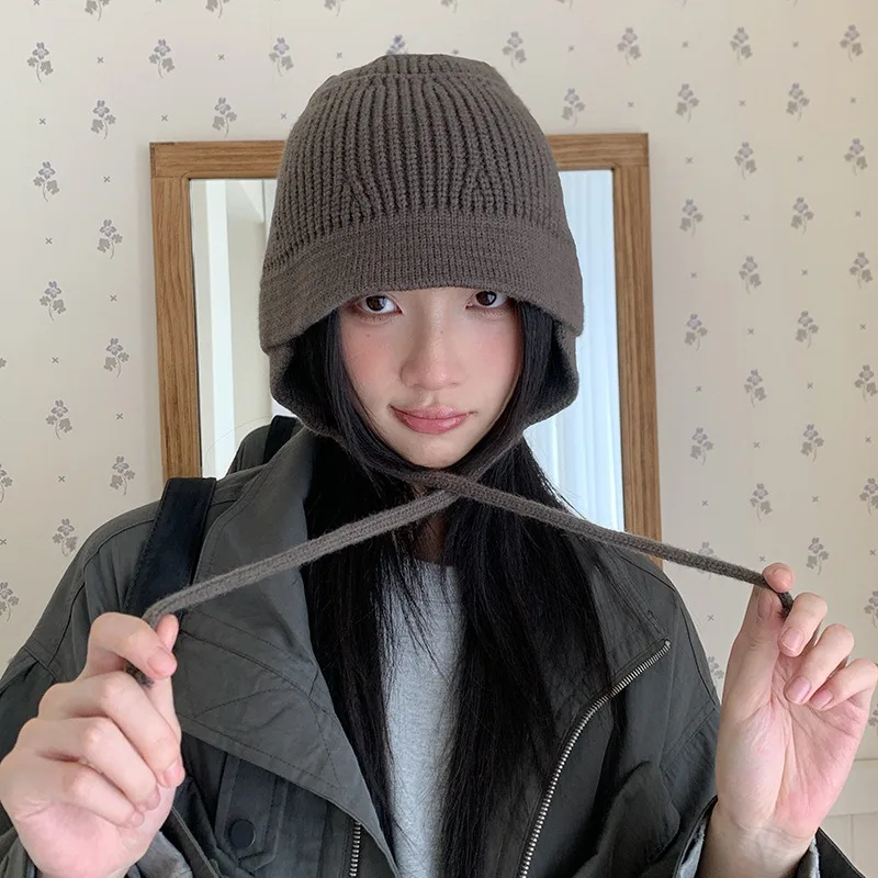 Korean Vertical Strip Knitted Ear Protection Flight Hat for Autumn and Winter Versatile Lace-up Windproof  Warm Bomber Hats
