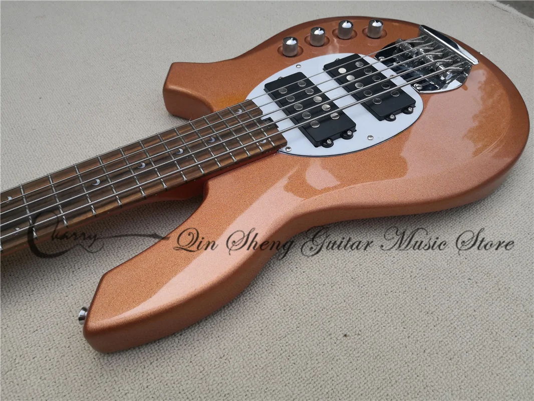 5 Strings Bass Guitar Metallic Orange Ray 5 Bass Rosewood Fingerboard Moon Inlay Active Battery Fixed Bridge