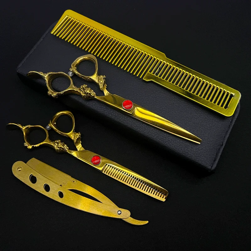 

6 Inch Professional Barber Scissors Kit With Golden Dragon Handle Hair Cutting Scissors Titanium Plated Thinning Scissors