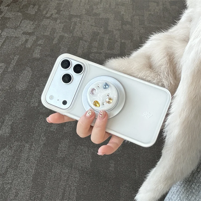 

Simple White Color Magnetic Phone Case For iPhone 17 Pro 16 14 16 Pro Max Cover with Gemstone Holder For Magsafe Cases Cute Cove