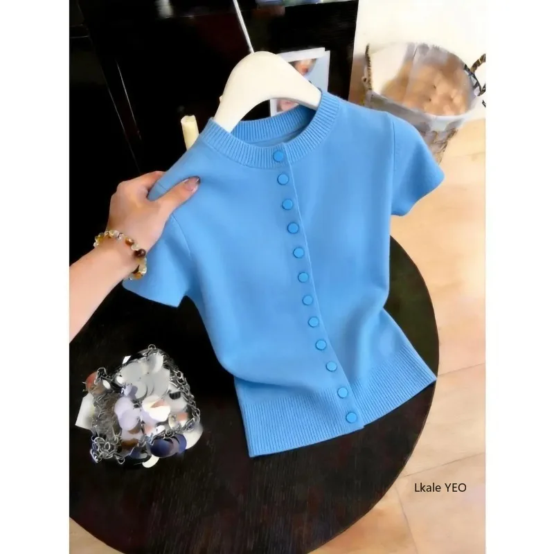 New 2026 Summer Stand-up Collar Short-sleeved Women's Knitted Cardigan Top Casual Single-breasted Solid Color Ladies T-shirt