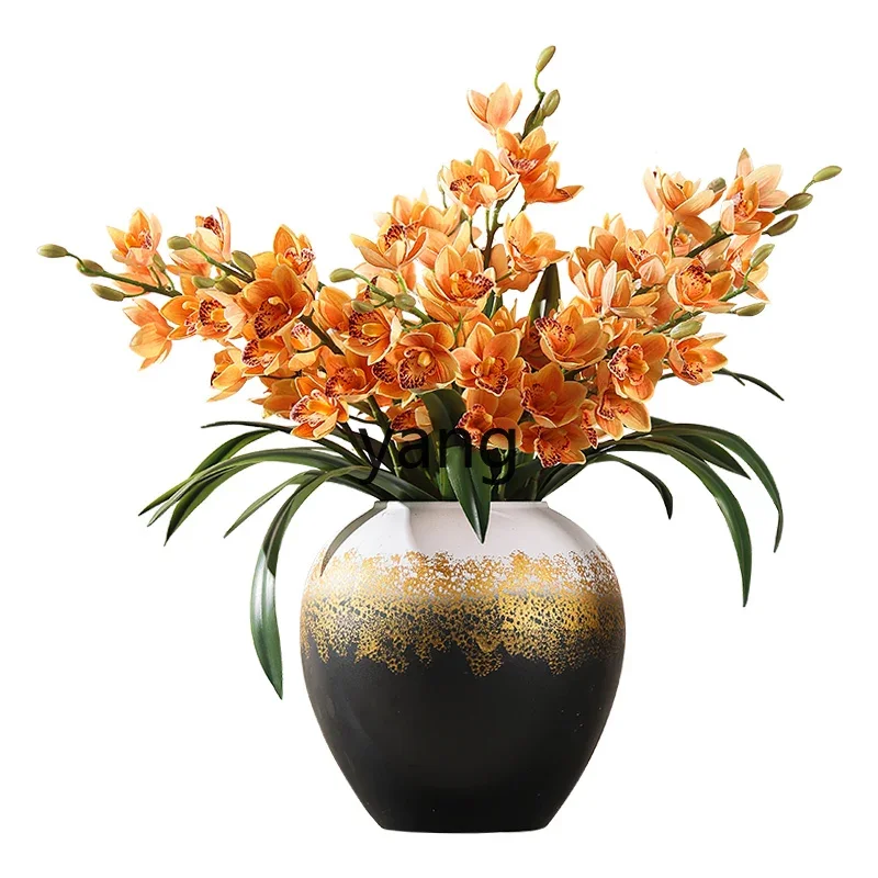 

lmm New Chinese Ceramic Black Vase Ornament Living Room Dried Flower Simulation Flower Decoration