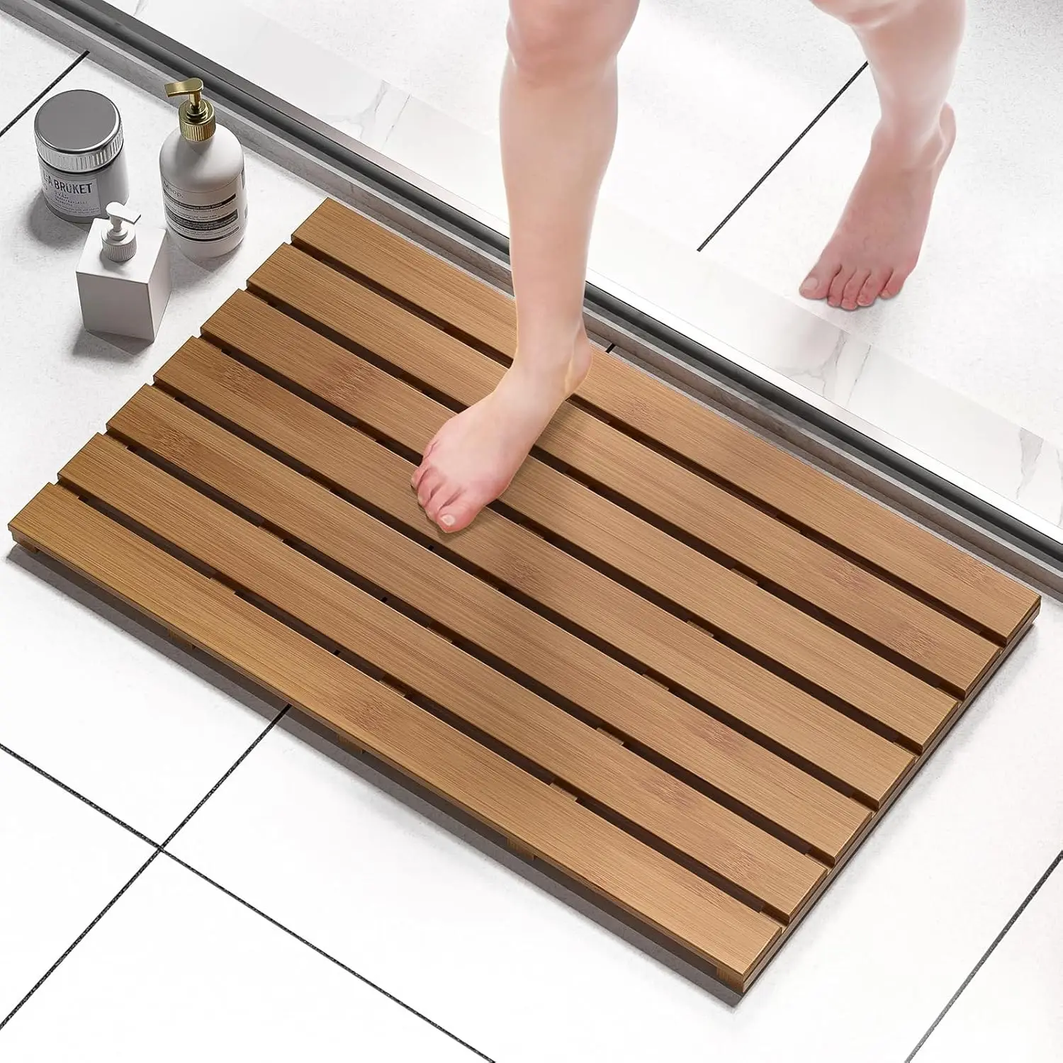 

Non-Slip Waterproof Wooden Bamboo Bath Mat for Indoor Outdoor Use, Large Size 31.3x18.1 Inches